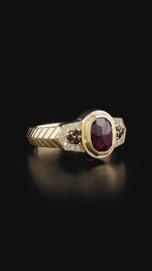 Rose Gold Ring 14K With Natural Diamonds and Natural Garnets
