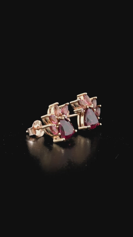 A Pair Of Gold Earrings 14K With Natural Garnets And Natural Tourmalines